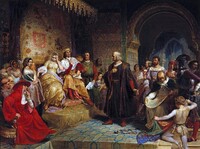 Kryštof Kolumbus před španělskou královnou Isabelou I. Zdroj: Wikipedie, Emanuel Leutze
